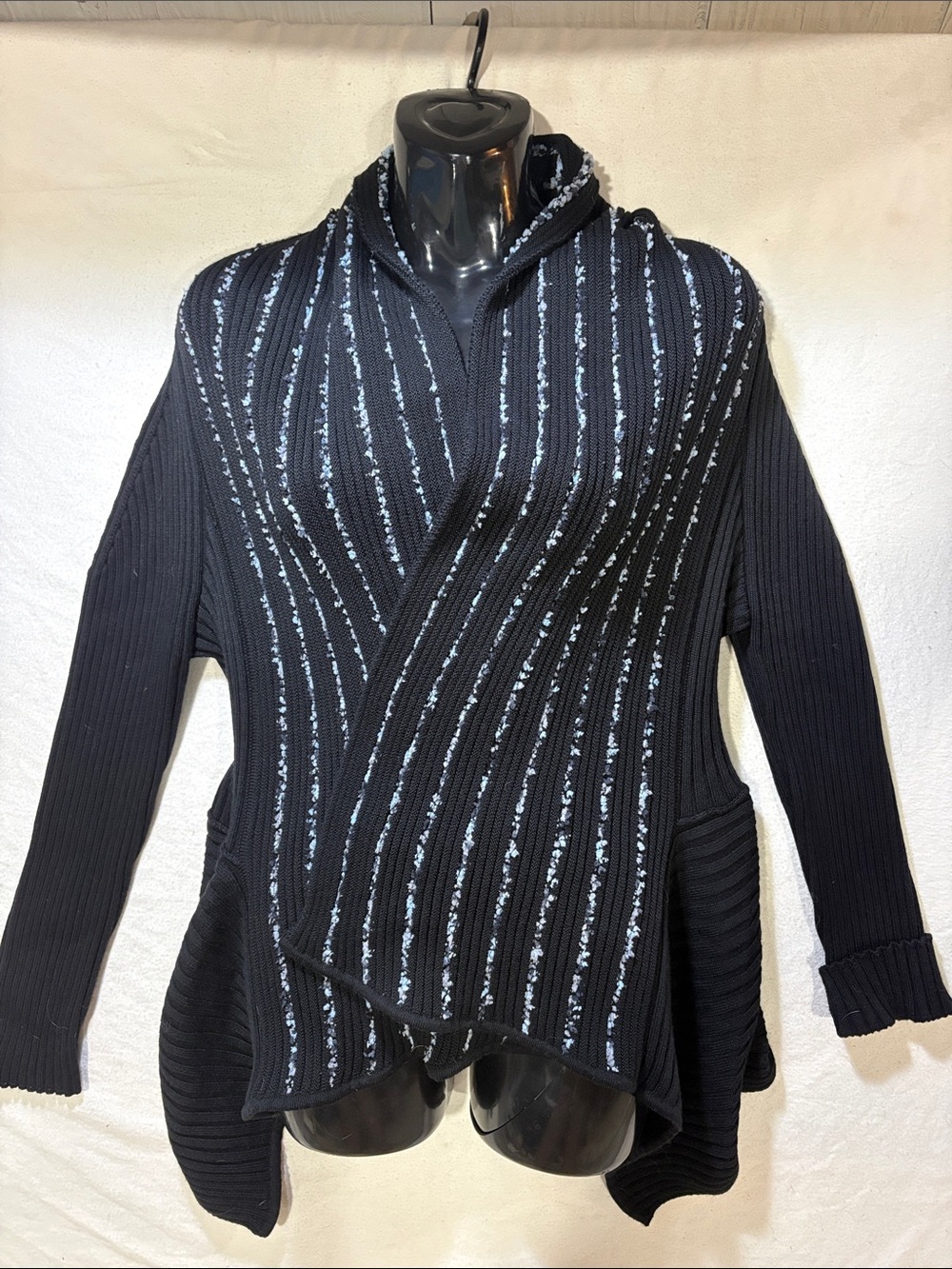 Angel Black Ribbed Knit Trim Open Front Duster Cardigan Size S